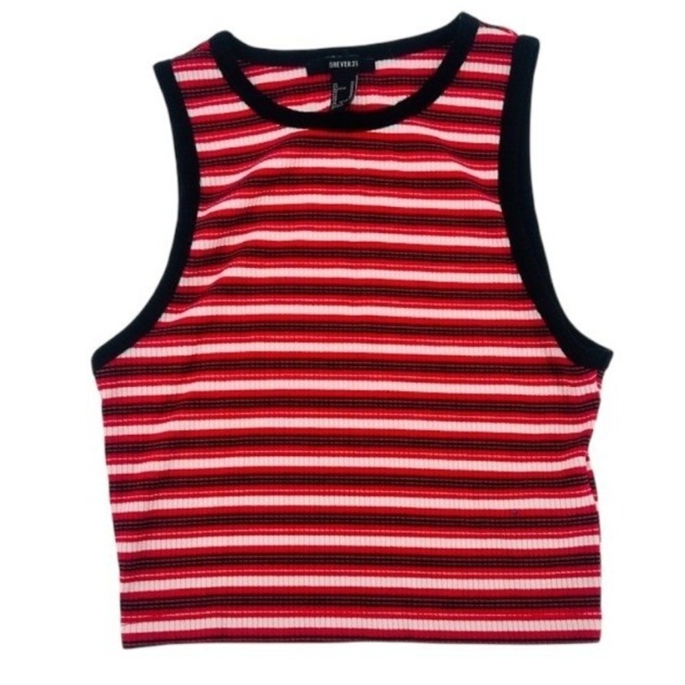Forever 21 Red Black Striped Cropped Tank Top Ribbed Medium
